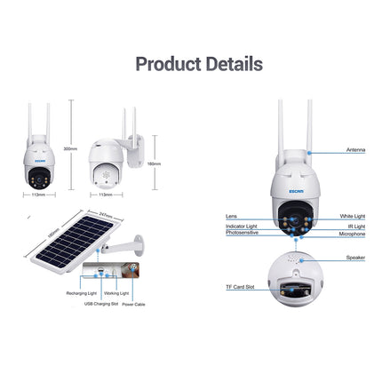 ESCAM QF130 1080P IP66 Waterproof WiFi IP Camera with Solar Panel & Battery, Support Night Vision & Motion Detection & Two Way Audio & TF Card & PTZ Control