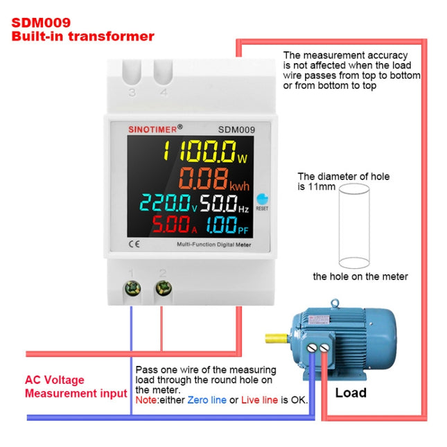 SINOTIMER SDM009 Din Rail Single-Phase Voltage Current Frequency Power Factor Electricity Multifunctional Meter, Model: AC40- 300V Built-In