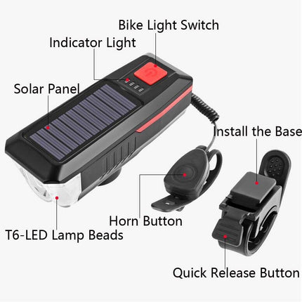 Bicycle Solar Headlight Horn Light Night Riding USB Charging Headlight Bicycle Glare Flashlight Equipment(Green)