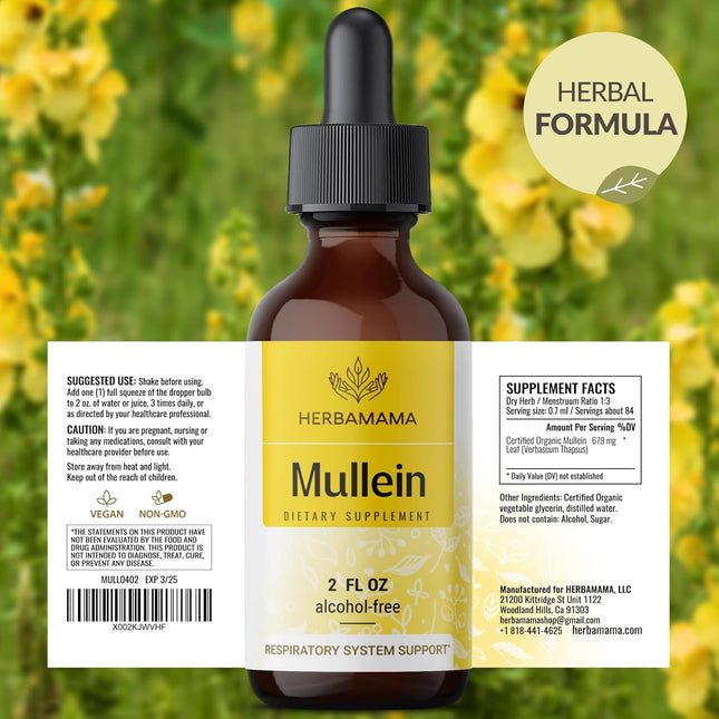 HERBAMAMA Mullein Drops for Lungs - Vegan Mullein Leaf Extract for Lung Detox and Cleanse Support - Non-GMO, Alcohol & Sugar-Free Respiratory Supplement, 28-Day Supply