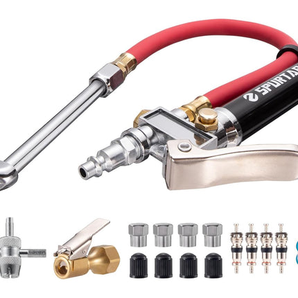 Spurtar 10-120 PSI Heavy Duty Tire Pressure Gauge with Inflator Air Chuck with Pressure Gauge with 4 Way Tool and Valve Cores Air Compressor Attachments Tire Inflator Nozzle for Car Automotive Truck
