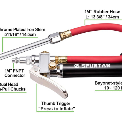 Spurtar 10-120 PSI Heavy Duty Tire Pressure Gauge with Inflator Air Chuck with Pressure Gauge with 4 Way Tool and Valve Cores Air Compressor Attachments Tire Inflator Nozzle for Car Automotive Truck