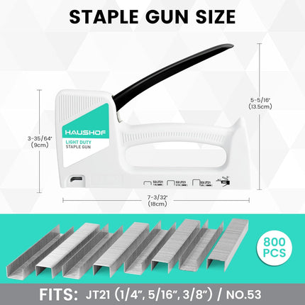 HAUSHOF Light Duty Staple Gun, Upholstery Staple Gun with 800PCS JT21 Staples and Stapler Remover, Fits JT21 Staple of 1/4'', 5/16'' & 3/8'', Used for Wood, Classroom, Crafts, DIY, Decoration (White)
