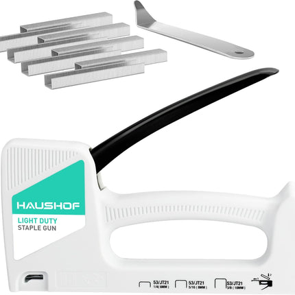 HAUSHOF Light Duty Staple Gun, Upholstery Staple Gun with 800PCS JT21 Staples and Stapler Remover, Fits JT21 Staple of 1/4'', 5/16'' & 3/8'', Used for Wood, Classroom, Crafts, DIY, Decoration (White)
