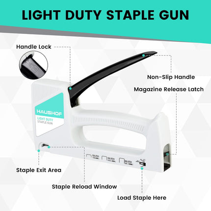 HAUSHOF Light Duty Staple Gun, Upholstery Staple Gun with 800PCS JT21 Staples and Stapler Remover, Fits JT21 Staple of 1/4'', 5/16'' & 3/8'', Used for Wood, Classroom, Crafts, DIY, Decoration (White)