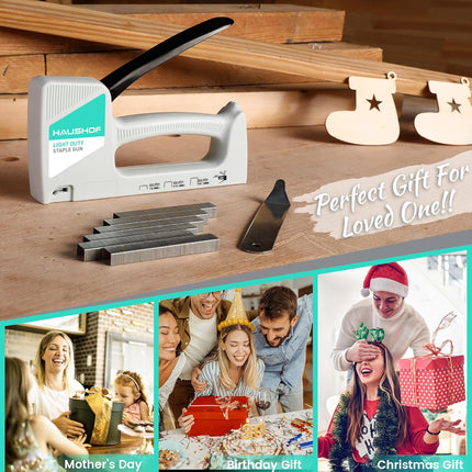 HAUSHOF Light Duty Staple Gun, Upholstery Staple Gun with 800PCS JT21 Staples and Stapler Remover, Fits JT21 Staple of 1/4'', 5/16'' & 3/8'', Used for Wood, Classroom, Crafts, DIY, Decoration (White)