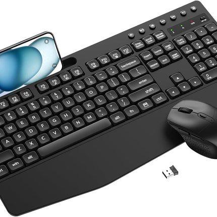 Wireless Keyboard and Mouse Combo, ULSOU 2.4G Full Sized Ergonomic Computer Keyboard with Wrist Rest, Phone Holder, Silent 3 DPI Adjustable Cordless Mouse Set for Laptop, PC, Mac, Windows(Black)