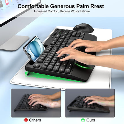 Wireless Keyboard and Mouse Combo, ULSOU 2.4G Full Sized Ergonomic Computer Keyboard with Wrist Rest, Phone Holder, Silent 3 DPI Adjustable Cordless Mouse Set for Laptop, PC, Mac, Windows(Black)