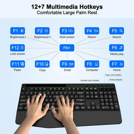 Wireless Keyboard and Mouse Combo, ULSOU 2.4G Full Sized Ergonomic Computer Keyboard with Wrist Rest, Phone Holder, Silent 3 DPI Adjustable Cordless Mouse Set for Laptop, PC, Mac, Windows(Black)