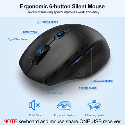 Wireless Keyboard and Mouse Combo, ULSOU 2.4G Full Sized Ergonomic Computer Keyboard with Wrist Rest, Phone Holder, Silent 3 DPI Adjustable Cordless Mouse Set for Laptop, PC, Mac, Windows(Black)