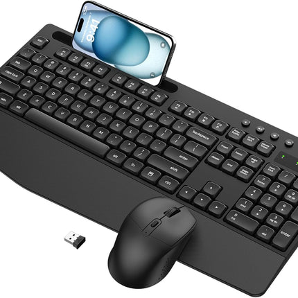 Wireless Keyboard and Mouse Combo, ULSOU 2.4G Full Sized Ergonomic Computer Keyboard with Wrist Rest, Phone Holder, Silent 3 DPI Adjustable Cordless Mouse Set for Laptop, PC, Mac, Windows(Black)