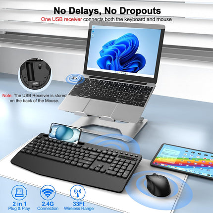 Wireless Keyboard and Mouse Combo, ULSOU 2.4G Full Sized Ergonomic Computer Keyboard with Wrist Rest, Phone Holder, Silent 3 DPI Adjustable Cordless Mouse Set for Laptop, PC, Mac, Windows(Black)
