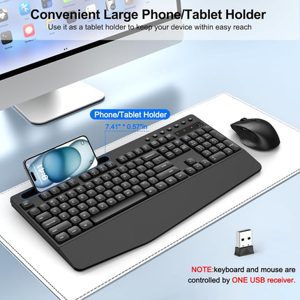 Wireless Keyboard and Mouse Combo, ULSOU 2.4G Full Sized Ergonomic Computer Keyboard with Wrist Rest, Phone Holder, Silent 3 DPI Adjustable Cordless Mouse Set for Laptop, PC, Mac, Windows(Black)