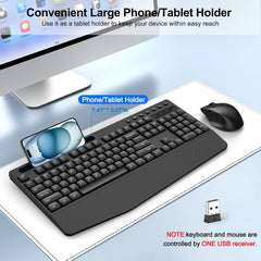 Wireless Keyboard and Mouse Combo, ULSOU 2.4G Full Sized Ergonomic Computer Keyboard with Wrist Rest, Phone Holder, Silent 3 DPI Adjustable Cordless Mouse Set for Laptop, PC, Mac, Windows(Black)