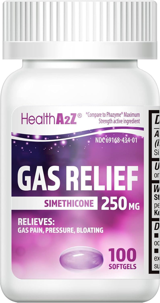 HealthA2Z® Gas Relief Simethicone 250mg | Fast Gas Relief | Relieve Symptoms Naturally (100 Softgels (Pack of 1)