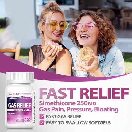 HealthA2Z® Gas Relief Simethicone 250mg | Fast Gas Relief | Relieve Symptoms Naturally (100 Softgels (Pack of 1)