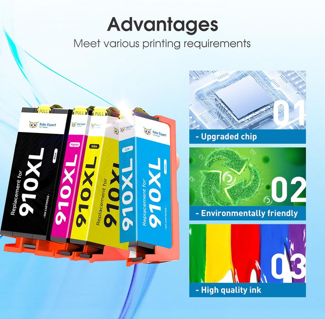 Kolor Expert 910XL Ink Cartridges Replacement for HP 910XL Ink Cartridges Combo Pack Work with HP OfficeJet Pro Printer (Black, Cyan, Magenta, Yellow)