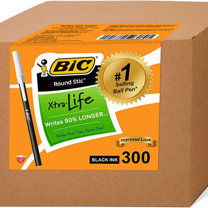 BIC Round Stic Xtra Life Bulk Pens Ballpoint - Pack of 300 Black Ink Pens - Medium point 1.0 mm