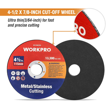 Pcs WORKPRO Cut-Off Wheels, 4-1/2 x 7/8-inch Metal&Stainless Steel Cutting Wheel, Thin Metal Cutting Disc for Angle Grinder