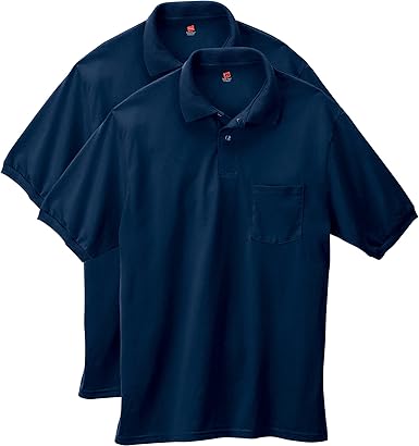 Pcs Hanes Men's Short-Sleeve Jersey Pocket Polo (Pack of 2), Navy, Large