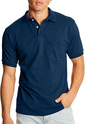 Pcs Hanes Men's Short-Sleeve Jersey Pocket Polo (Pack of 2), Navy, Large