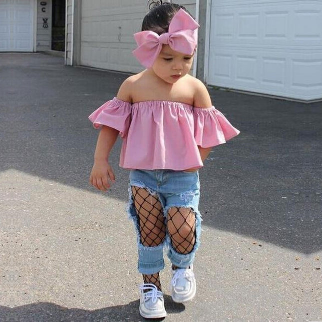 Girls Three-piece Pink Blouse Ripped Jeans Suit (Color:As Show)