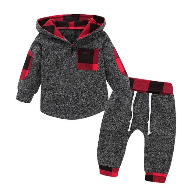 Hoodies Toddler Plaid Hooded Tops Long Pants Kids Set, Kid