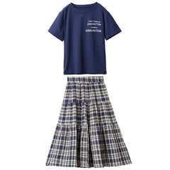 Girls Short Sleeve + Plaid Skirt Two-piece Suit
