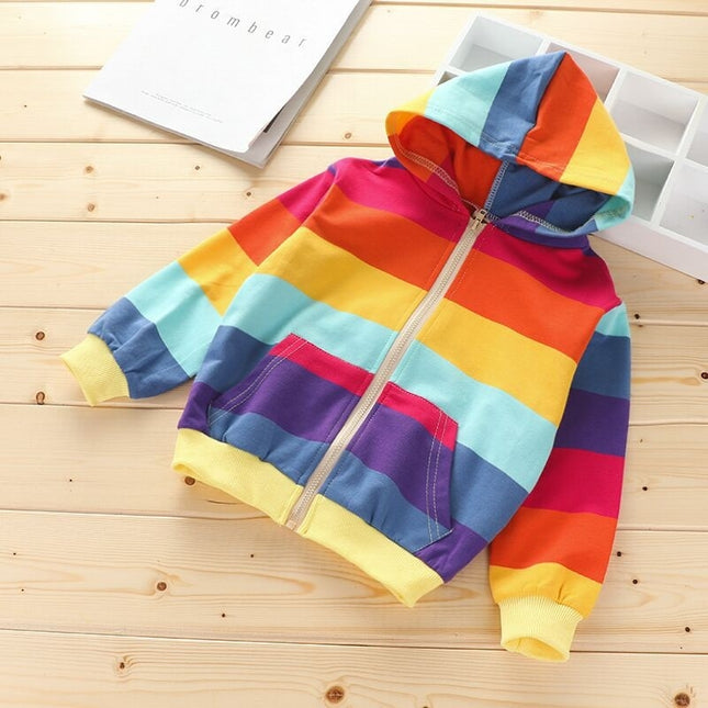 Autumn Horizontal Striped Long-sleeved Zipper Cardigan Hooded Jacket For Girls (Color:Dark Rainbow Size:100cm)