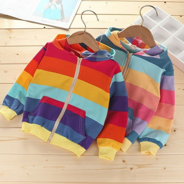 Autumn Horizontal Striped Long-sleeved Zipper Cardigan Hooded Jacket For Girls (Color:Dark Rainbow Size:100cm)