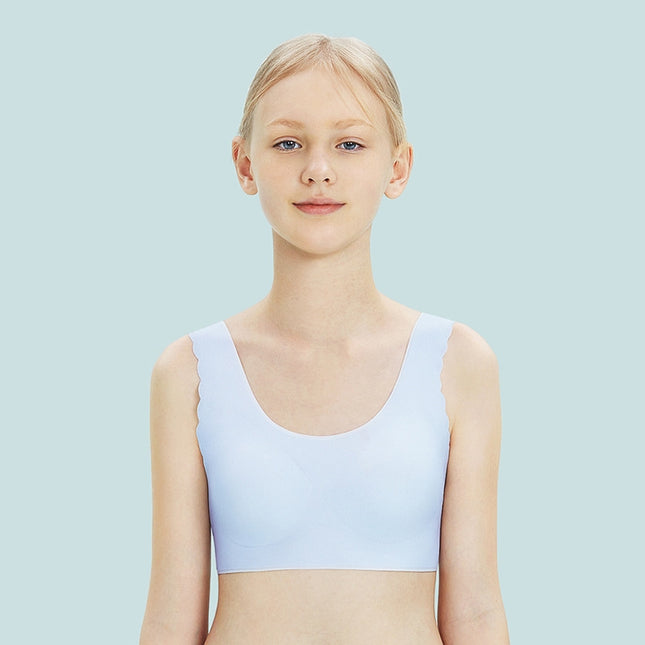 Girls Development Fixed Cup Seamless Underwear Student Vest Bra(Light Blue)