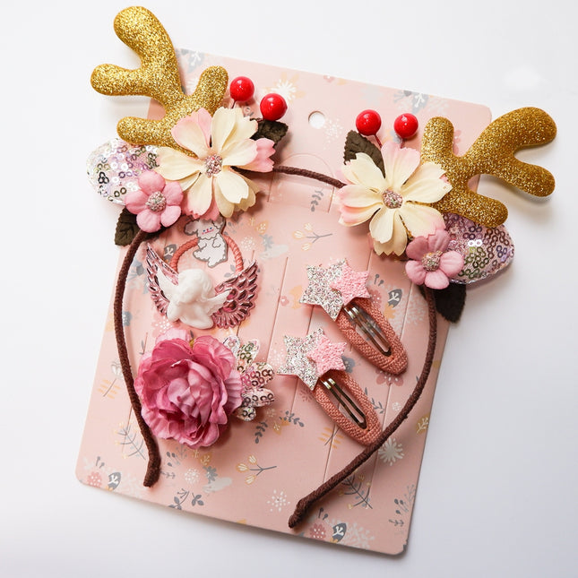 Christmas Hair Accessories Antlers Headband And Little Angel Hairpin Hair Band Combination Set