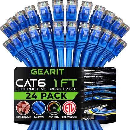 GearIT Cat 6 Ethernet Cable 1 ft (24-Pack) - Cat6 Patch Cable, Cat 6 Patch Cable, Cat 6 Cable, Cat6 Ethernet Cable, Network Cable, Internet Cable for Personal Computer - Blue 1 Foot