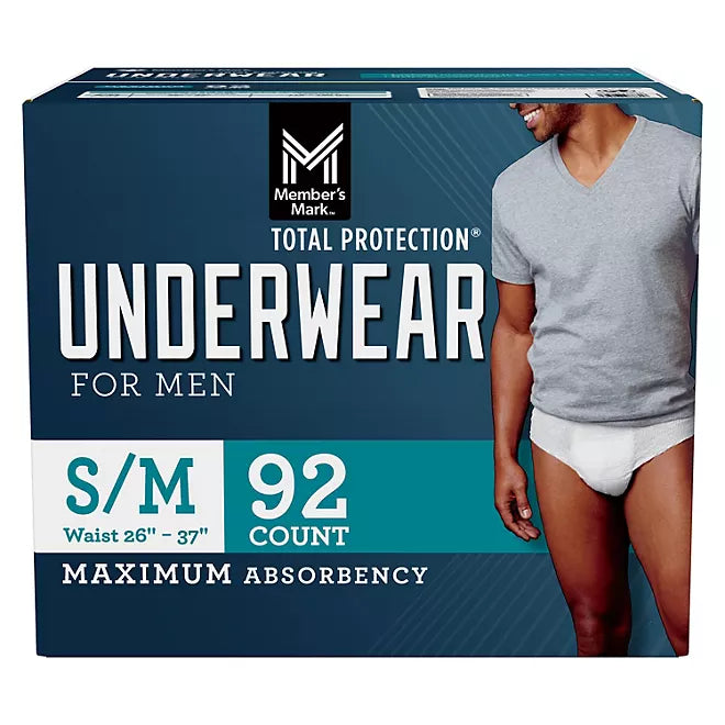 Member's Mark Total Protection Incontinence Underwear for Men, Small/Medium 92 Count