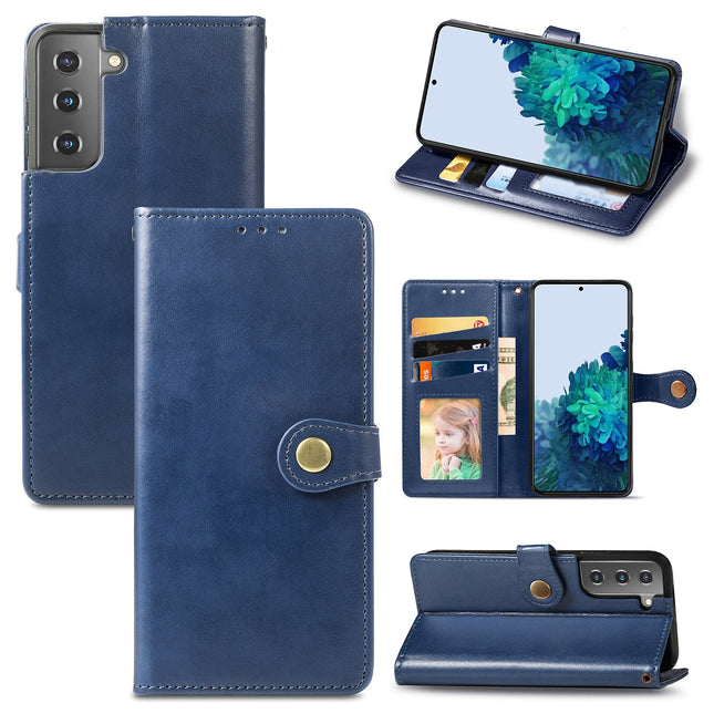 For Samsung Galaxy S21 Plus 5G Retro Solid Color Leather Buckle Phone Case with Lanyard & Photo Frame & Card Slot & Wallet & Stand Function
