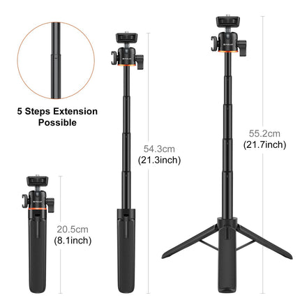 PULUZ Mini Phone Camera Extension Tripod Stand 360 Degree Ball Head Cold Shoe Selfie Stick (Black)