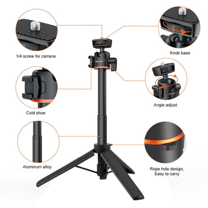 PULUZ Mini Phone Camera Extension Tripod Stand 360 Degree Ball Head Cold Shoe Selfie Stick (Black)