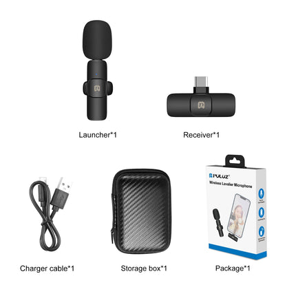 PULUZ Wireless Lavalier Noise Reduction Reverb Microphone for Type-C / USB-C Device, Support Phone Charging(Black)