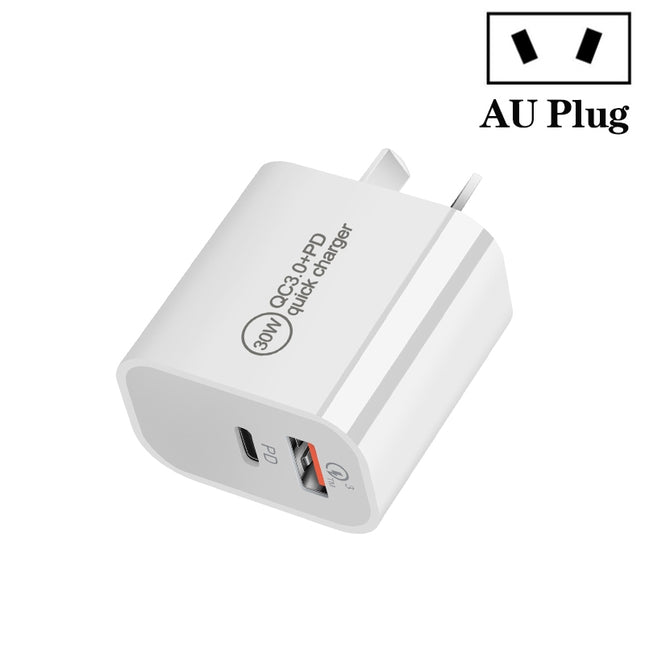 PD30W USB-C / Type-C + QC3.0 USB Dual
Port Charger, Plug Size:AU Plug