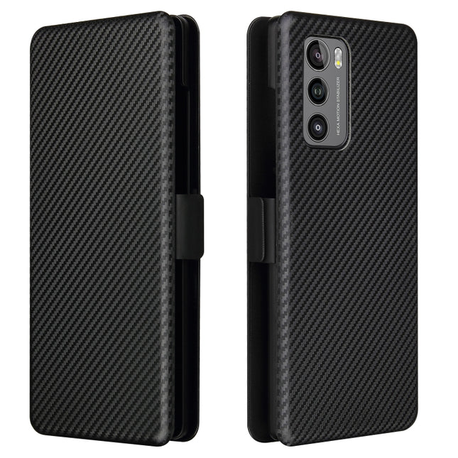 For LG Wing 5G with Buckle Carbon Fiber Texture Horizontal Flip TPU + PC + PU Leather Case with Card Slot(Black)