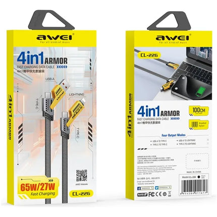 awei CL-226 65W USB/Type-C to 8 Pin/Type-C 4 in 1 Fast Charging Data Cable, Length: 1m(Black + Yellow)