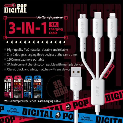 WEKOME WDC 02 Tidal Energy Series 3A USB to 8 Pin+Type C+Micro USB 3 in 1 PVC Data Cable, Length: 1.2m(White)