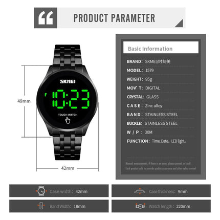 SKMEI 1579 Simple Touch Screen LED Luminous Stainless Steel Electronic Watch, Color: Black
