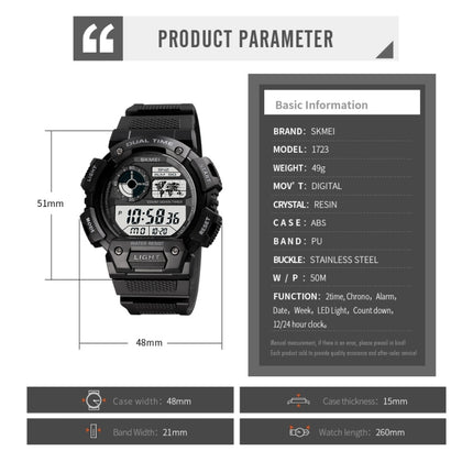 SKMEI 1723 Dual Time LED Digital Display Timing Luminous Electronic Watch(Black)