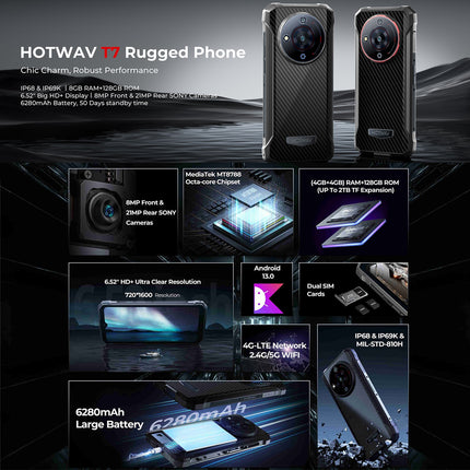 HOTWAV T7 Rugged Phone, 4GB+128GB, 6280mAh, 6.52 inch Android 13 MT8788 Octa Core, Network: 4G, OTG(All Black)