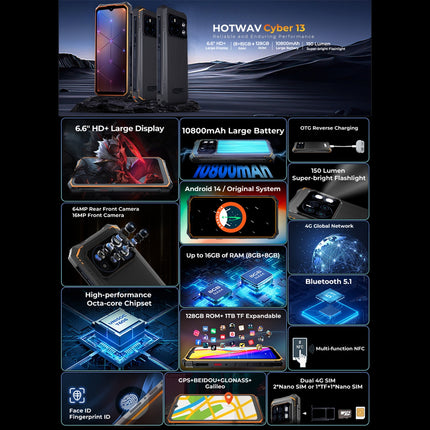 HOTWAV CYBER 13, IP68/IP69K Rugged Phone, 8GB+128GB, 10800mAh, 6.6 inch Android 14.0 Unisoc T606 Octa Core, Network: 4G, NFC, OTG (Black)