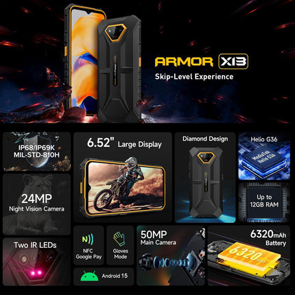 Ulefone Armor X13, 6GB+64GB, IP68/IP69K Rugged Phone, 6.52 inch Android 15 MediaTek Helio G36 Octa Core, Network: 4G, NFC, OTG(Some Orange)