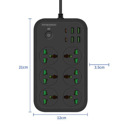 T24 2m 3000W 6 Plugs + PD + 4-USB Ports Multifunctional Flame-Retardant Socket With Switch(US Plug)