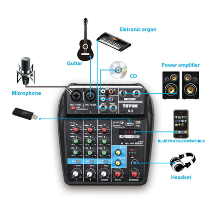 TEYUN A4 4-way Small Microphone Digital Mixer Live Recording Effector(US Plug)