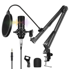 PULUZ Studio Broadcast Professional Singing Microphone Kits with Suspension Scissor Arm & Metal Shock Mount & USB Sound Card(Black)